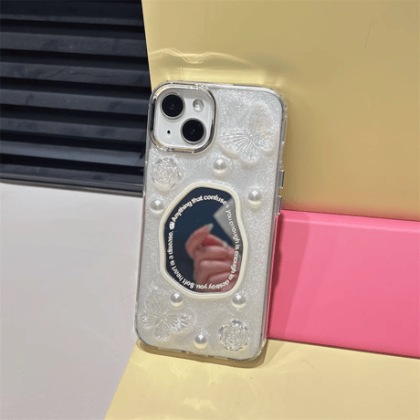 女子力アップ ミラーiPhone15/15proケース パール/蝶デコ iPhone14/13pro/12ケース かわいい きれい[M4357]