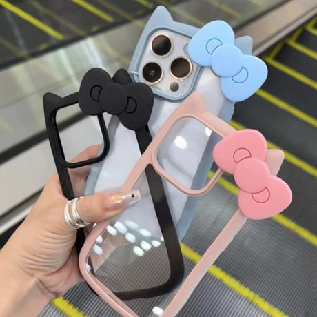 リボンデコ iPhone15/15プロケース 猫の耳 iPhone14pro/13pro/12カバー 可愛い 黄ばまない[M4318]