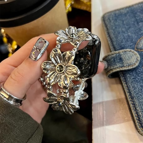 金属花 Apple Watch10/9 バンド 高級感 Ultra series8 7 6 5 4  3 2 SE SE2 シック アップルウォッチベルト 大人ファッション エレガント[M5296]