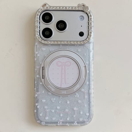 360度回転可リング iPhone17Pro/17ケース ジュエリーライン iPhone17ProMax/16Pro/15カバー 花柄とリボン柄 多機能便利[M6078]