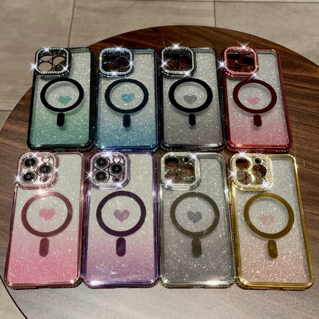 ストーンサイド iPhone15pro/15promaxカバー ハート柄 magsafe対応 iPhone14pro/13/12ケース グラデーションカラー [M4342]