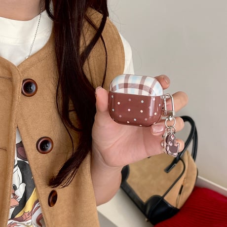 水玉模様 Airpods 4ケース チェック柄 Airpods3/2カバー Airpodspro2/pro 犬ちゃんキーホルダー かわいい [M5029]