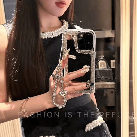 ジュエリー 鏡 iPhone15/15proケース ハンドメイド iPhone14pro/13/12カバー リボン/ハートストラップ付 豪華 M4152]