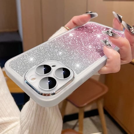 iPhone15/15proカバー キラキラ iPhoneSE第3世代/14proケース ラメ入りシート付 レンズ保護 オシャレ[M3508]