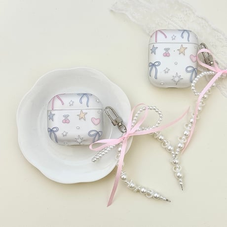 指紋防止マット仕上げ Airpods Pro3ケース リボン柄 Airpods 4/3カバー  AirpodsPro2/1  パールリボンキーホルダー 可愛すぎ[M6336]