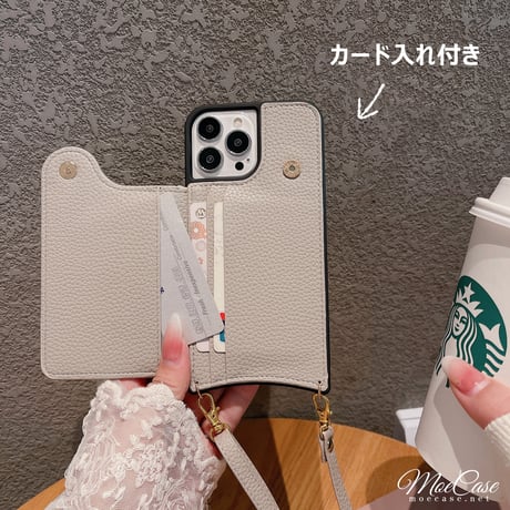 カード入れ3個 iPhone14/15proケース 高級感レザーアイフォン13/12/11proカバー リング セ長さ調整可ストラップ付 [M2861]
