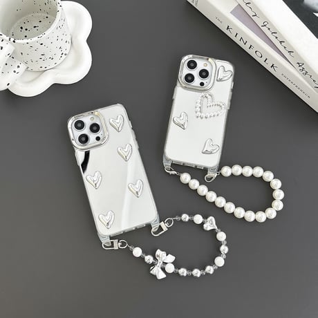 ストラップ付 ミラーiPhone15pro/15promaxケース ハートデコ iphone14/13/12proカバー パール 女子力アップ[M4167]