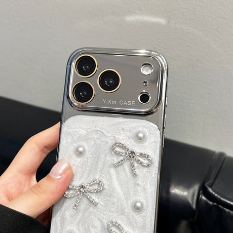 ミラー iPhone17Pro/17ケース ジュエリーリボン 真珠 iPhone15Pro/16/14ケース おしゃれ 丈夫[M6446]