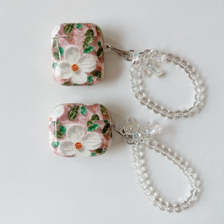油絵花柄 AirpodsPro2ケース クマストラップ付 airpods3/2/1ケース  綺麗 艶あり 頑丈 ギフトにおすすめ[M3047]