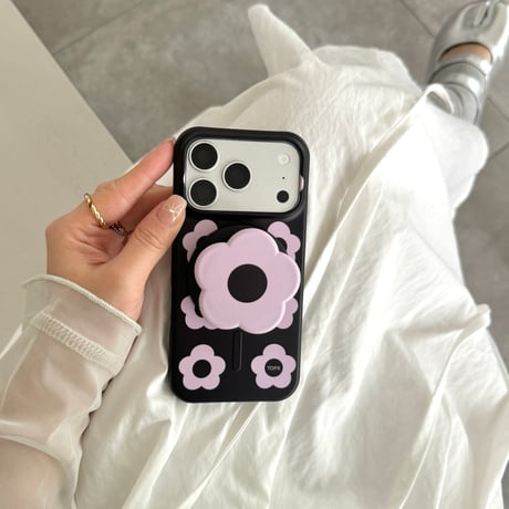パープル花柄 iPhone17/17Proケース マグネット式グリップ付 iPhone16Pro/15promaxケース 可愛い便利 甘めコーデ [M6425]