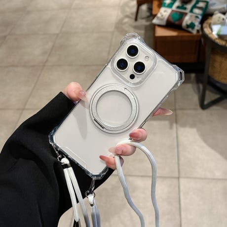 ロングストラップ付 iPhone16pro/16eケース リングスタンド付 iPhone15promax/14カバー 四角耐衝撃加工 [M5357]