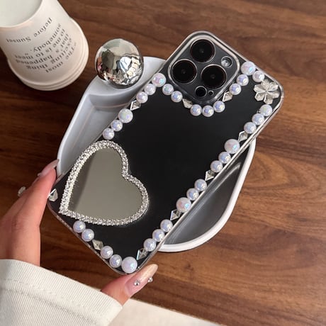 パールデコiPhone16pro/16ケース ハートミラー/蝶 iPhone15/14pro/13proクリアケース 女子力高い 可愛い [M5113]