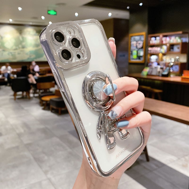 宇宙飛行士リング付 iPhone15/14proケース メッキクリアアイフォン13