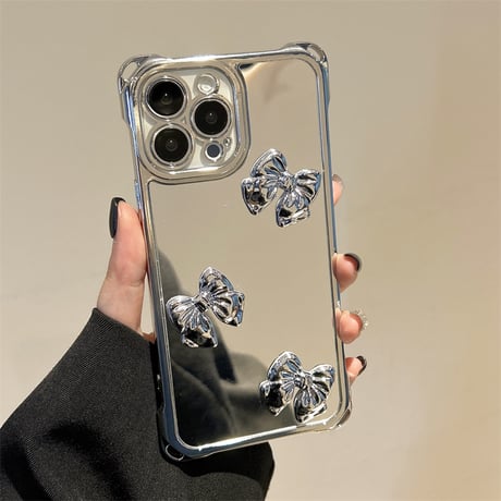 リボン付鏡 iPhone16/16proケース バックチャーム/ショルダーストラップ付 iPhone15pro/14/13カバー  人気アイテム[M5427]
