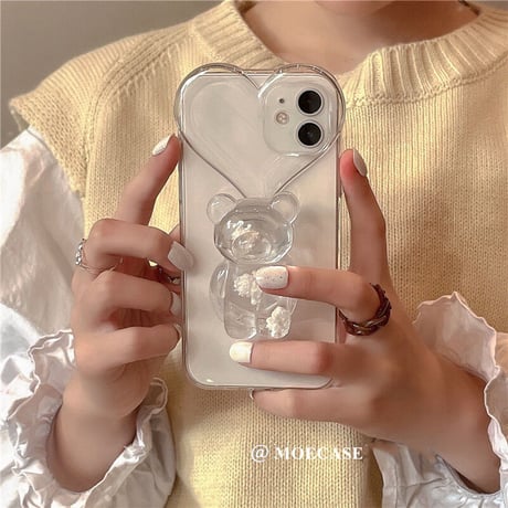 熊グリップ ハート型 iphone13/12promaxケース 透明iphone11/xsmaxカバー  スタンド・リング一体型  オシャレ キラキラ プレゼントにおすすめM1317