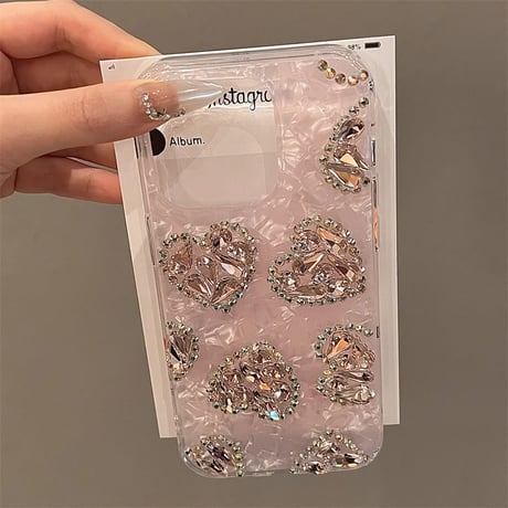 ダイヤハート iPhone16pro/16plusケース シェル柄 ピンク iPhone15promax/14pro/13カバー 女子力高い オシャレ[M5064]