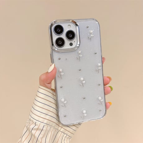 薔薇付 iPhone15/15プロ/15プラスケース クリア iPhone14promax/13pro/12ケース ラメ入り 女子力アップ[M4500]