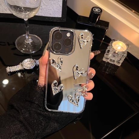 オシャレ鏡付 iPhone15/15proケース ハートデコ リボンストラップ iPhone14/13pro/12ケース  シック 可愛い 便利[M3960]