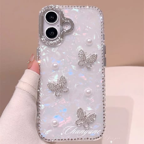 シェル柄 iPhone16pro/16カバー ジュエリー蝶/パールデコ iPhone15pro/14promax/13ケース 上品 大人可愛い エレガント [M5351]