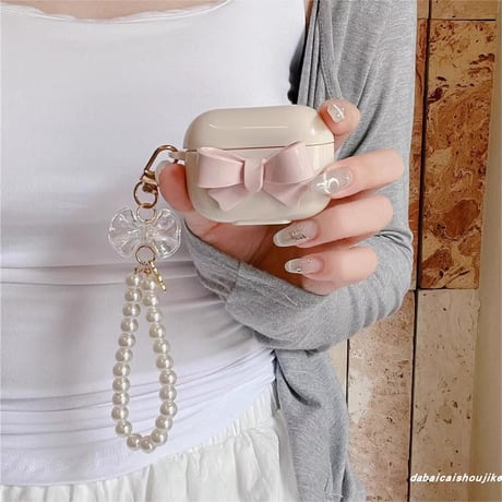 淡色系 Airpods 4ケース リボン ベージュ色 Airpods3/2カバー Airpodspro2/pro  パールストラップ付 めっちゃ可愛い[M5033]