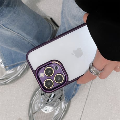 黄ばまない iPhone15/16proケース ガラスレンズフィルム付き iPhone14Pro/13proケース  シンプル高級感 金属ボタン [M3775]