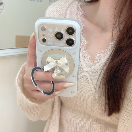 MagSafeリングスタンド iPhone17Pro/17ケース リボンパール iPhone16Pro/15/14ケース カメラカバー 甘めコーデ [M6337]