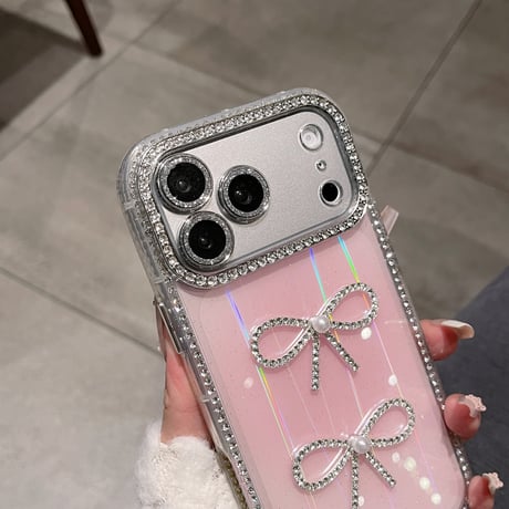 キラキラ光る iPhone17/17Proケース ジュエリーライン リボンデコ iPhone16Pro/15pro/14ProMaxケース カメラ保護[M6417]