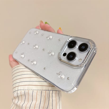 薔薇付 iPhone15/15プロ/15プラスケース クリア iPhone14promax/13pro/12ケース ラメ入り 女子力アップ[M4500]