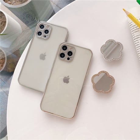 ミラーポップソケット付 iphone12/11ケース  スタンド 透明iphoneXS/SE2カバー  軽量持ちやすい ツヤ感ありファッションM418