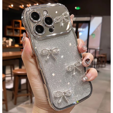 ダイヤリボン iPhone16/16Proケース うねうねライン ラメ iPhone15pro/14/13Promaxカバー 綺麗 艶感[M5515]