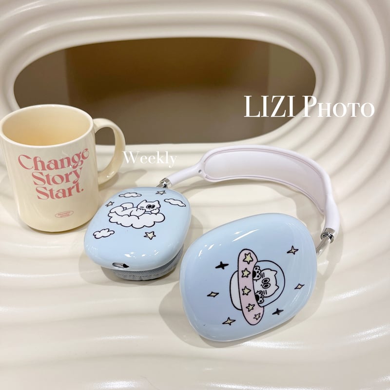 可愛い猫 AirPodsMaxケース 水色 エアーポッズ マックス専用カバー