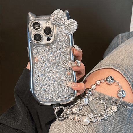 豪華 iPhone16Pro/15ケース ダイヤリボン iPhone15pro/14/13/12カバー キラキラグリッター おしゃれストラップ ギフトに最適 [M4708]