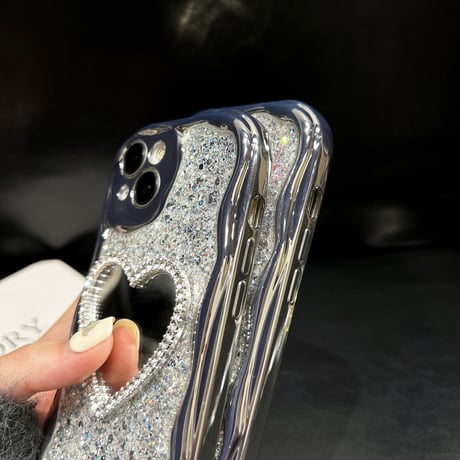 うねうね 鏡付 iPhone15/15Proケース キラキラグリッター iPhone14/13Pro/12ケース きれい 便利 丈夫 [M3911]