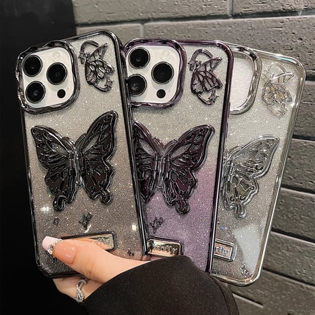 高級感 iPhone15Pro/15ケース  蝶スタンド キラキラシート付アイフォン14/13proカバー 黄ばまない 耐久性あり [M3703]