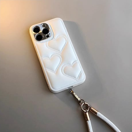 ハートキルティング iPhone16/16proケース レザー ストラップ付 iPhone15pro/14/13Proカバー エレガント カメラ保護[M4930]