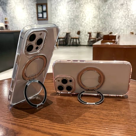 高級感 iPhone16pro/16ケース ラメ入り虹色リングスタンド iPhone15promax/14proカバー ジュエリーデコ 高透明高品質 [M5275]