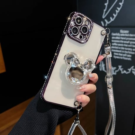 ショルダーストラップ付 iPhone16/16Proケース  ダイヤ鏡グリップ/ジュエリー iPhone15/14Pro/13カバー おしゃれ 多機能[M5425]