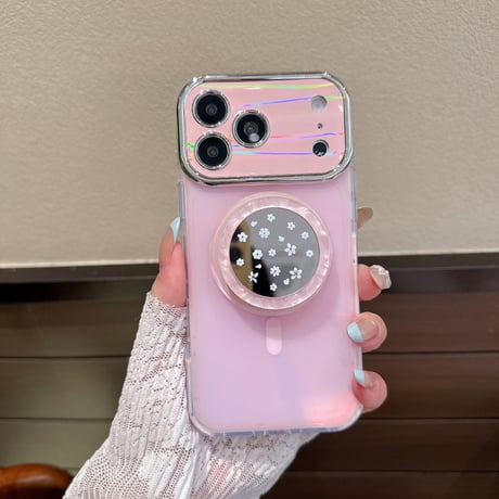 花柄ミラーグリップ iPhone17/17Proケース MagSafe対応 iPhone16Pro/15pro/14ProMaxケース 光る カメラ保護[M6410]