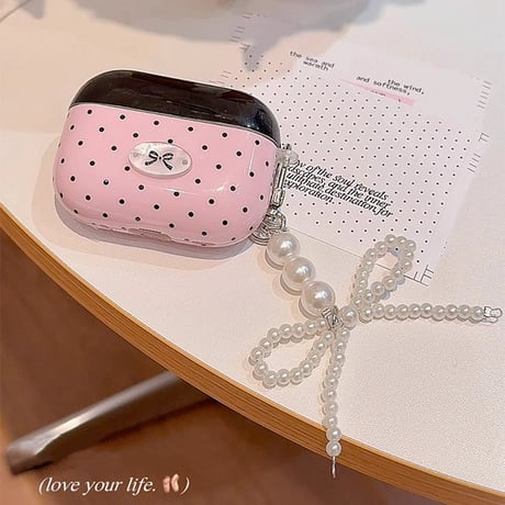 Airpods 4ケース 水玉模様 パールリボンキーチェーン Airpods3/Pro2ケース airpodspro2カバー ピンク 女子力高い 大人可愛い[M5215]