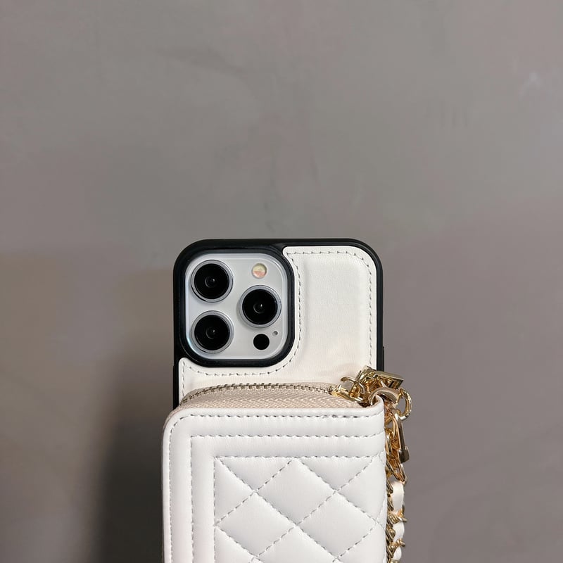 【Iphone15】レザーカードホルダー付きケース ホワイト カード/小物入れ付 iPhone15/15プロケース ショルダーチェーン付