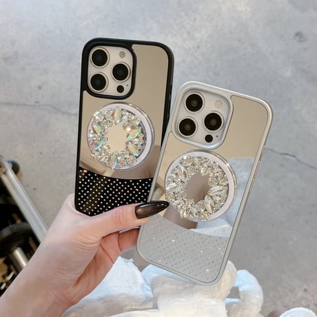 Magsafe充電 ミラーiPhone16Pro/16ケース ダイヤデコ鏡付グリップ iPhone15Pro/14Pro/13ケース 上品 スタンド 高級感 [M5460]