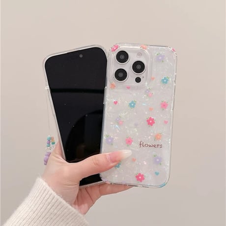 春におすすめ iPhone16pro/16ケース 花柄 シェル風 iphone15pro/14/13proカバー  花ストラップ 可愛い 淡色系[M5130]