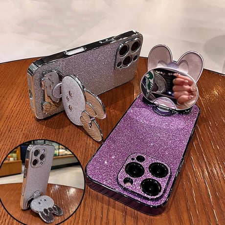ウサギ鏡兼スタンド iPhone16/16Proケース  キラキラ iPhone15pro/14/13Proカバー 可愛い 多機能 耐衝撃[M4929]