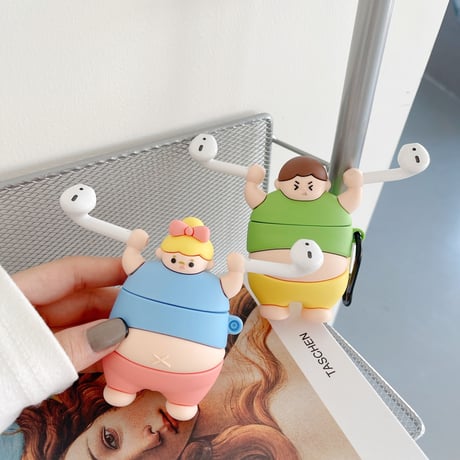 でぶちゃん airpodsケース ウエイトリフティング airpodsproカバー  面白い キーリング付  頑丈ソフトケースM503
