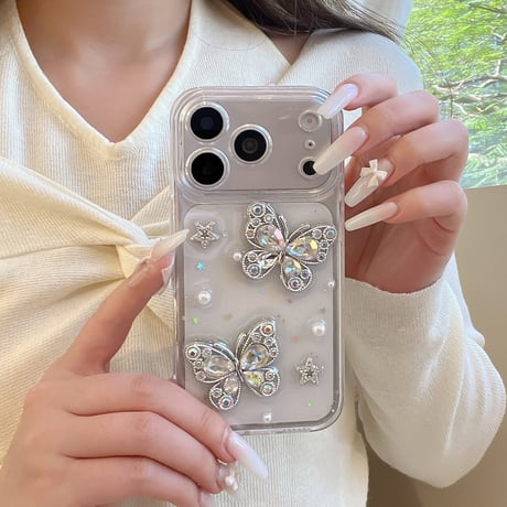 ダイヤデコ蝶 iPhone17Pro/17ケース キラキララメ クリアiPhone16Pro/15/14カバー 豪華 綺麗 人気品 [M6247]