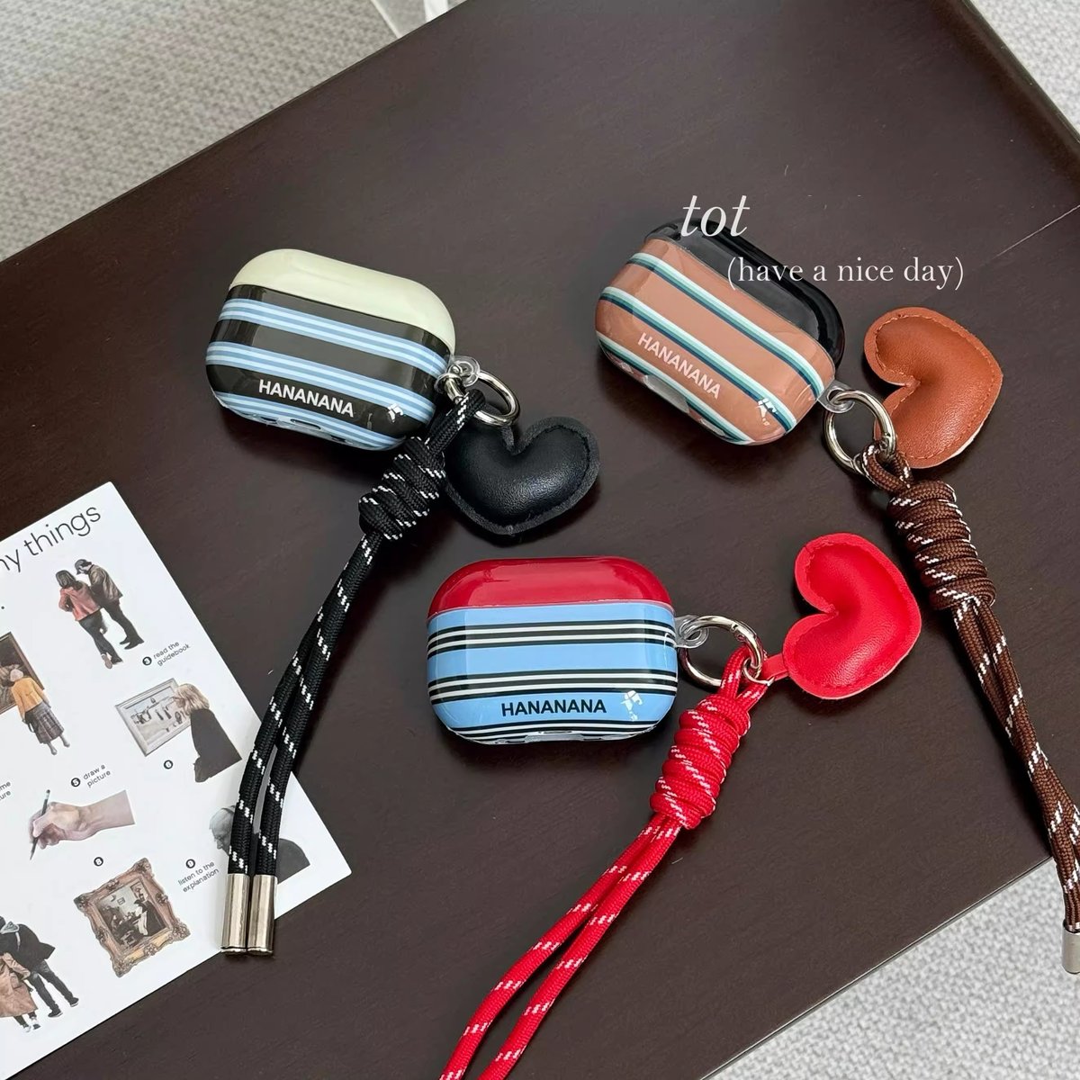 縞模様 Airpods 4ケース ハートデコキーチェーン付 Airpods3