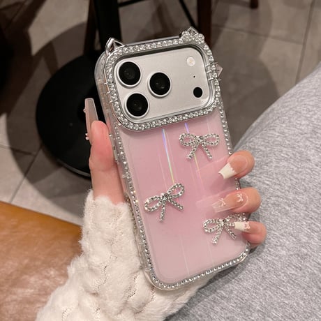 ジュエリーライン iPhone17/17Proケース 猫耳付 リボンデコ iPhone16Pro/15pro/14ProMaxケース 光る カメラ保護[M6380]