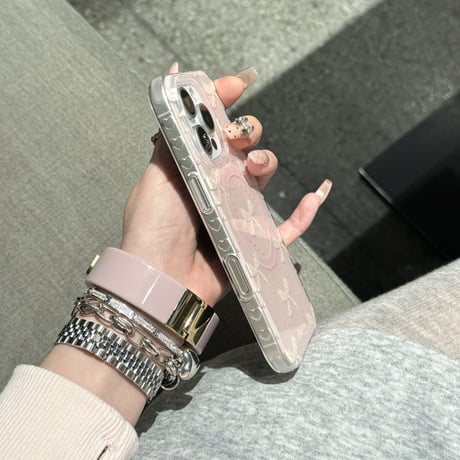 リボン柄 iPhone16pro/16ケース パールとリボングリップ マグネット iPhone15pro/14/13promaxケース かわいい 多機能 女子力UP [M5072]
