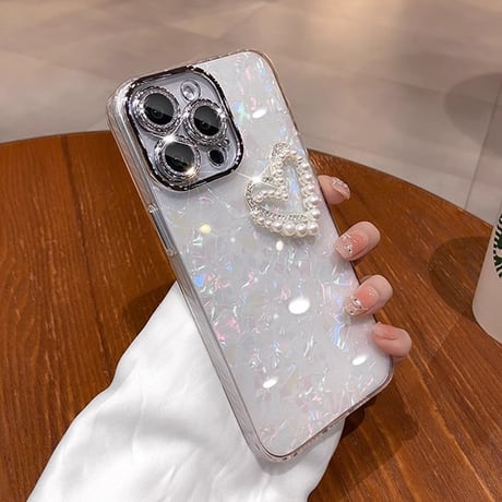 キラキラレンズカバー iPhone16Pro/16plusケース パールハートデコ  アイフォン14プロ/13promax/12カバー 黄ばまない[M4610]