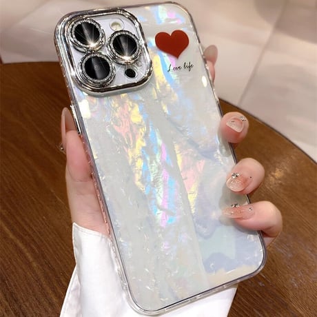 シェル風 iPhone16/14/15proカバー ハート柄 キラキラレンズフィルム付 オシャレ 綺麗 女子力アップ お揃い [M3520]
